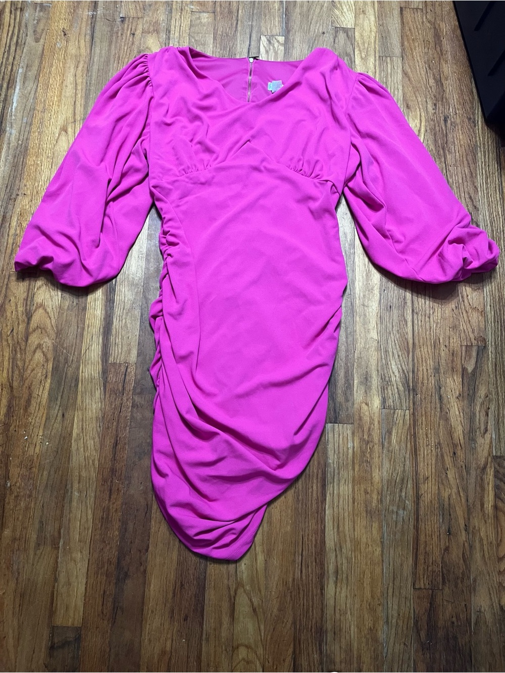 Bright Pink Puff-Sleeve Mini Dress with Ruched Skirt